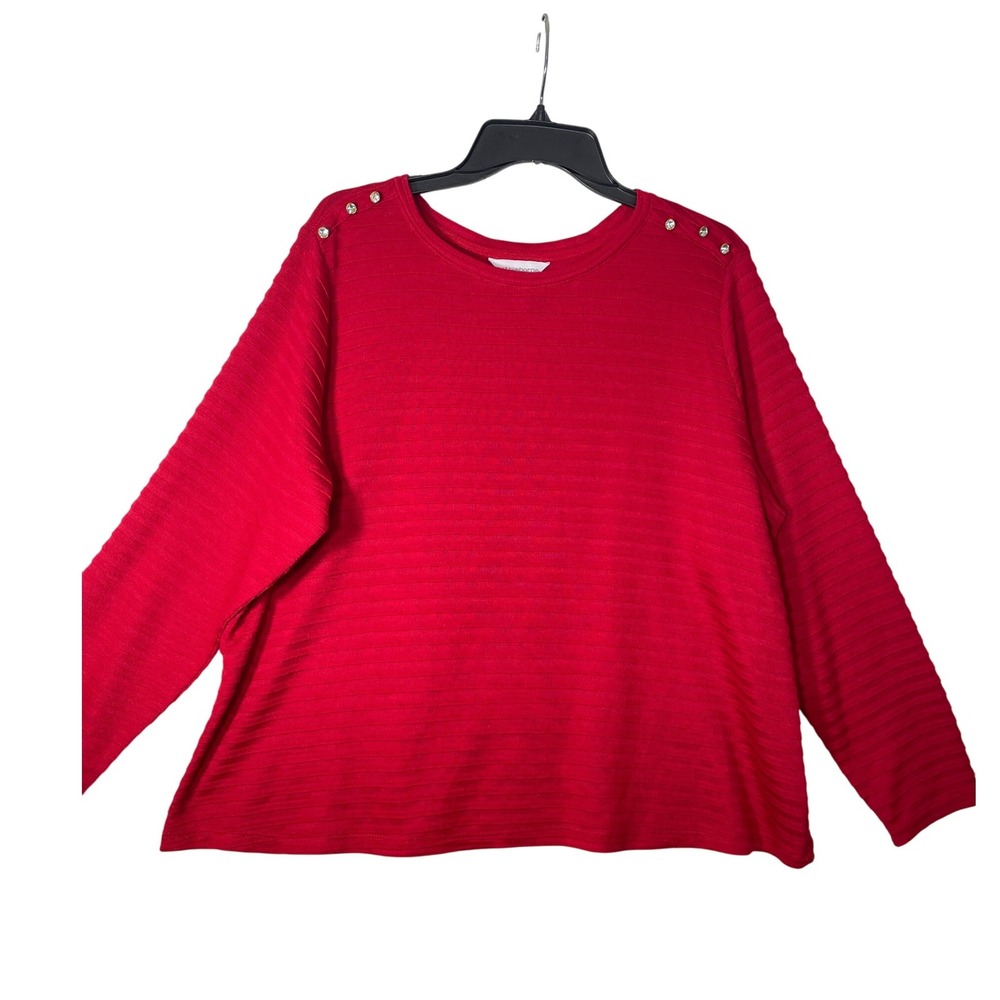 Liz Claiborne Women Sweater 1X Red Embellished Button Shoulder Long Sleeve Top